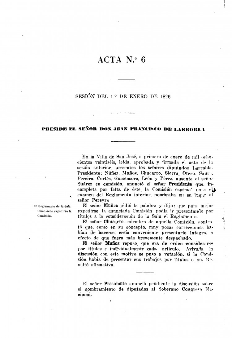 DIARIO DE SESIONES DE LA HONORABLE CAMARA DE REPRESENTANTES DE LA PROVINCIA ORIENTAL del 01/01/1826